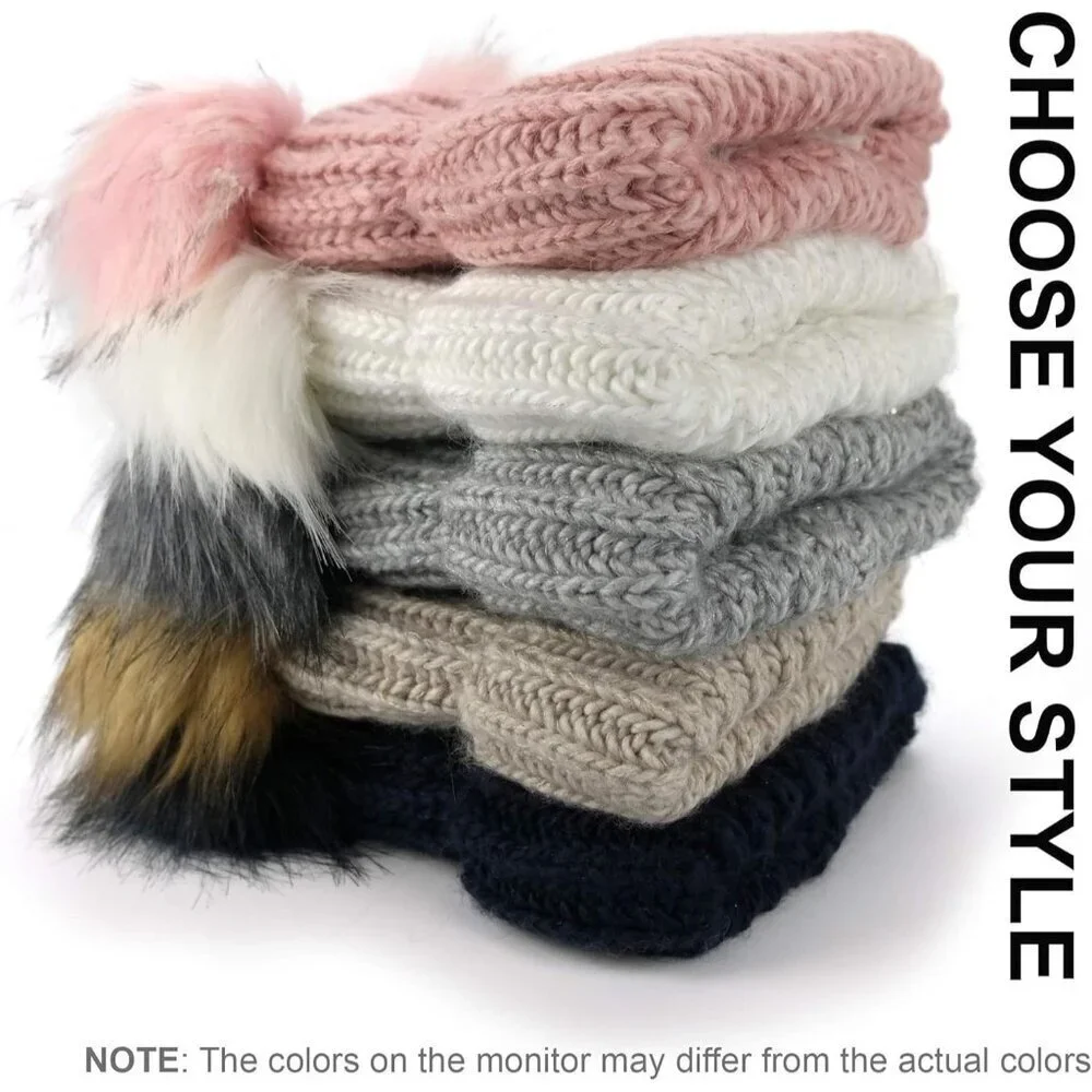 Women's Black 2 Pom Cable Knit Winter Warm Fleece Wool Snow Cuff Ski Cap